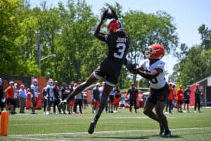BEREA, OHIO - JUNE 03: Jerry Jeudy #3 of the Cleveland Browns catches a pass against D'Angelo Ross #20 during the Cleveland Browns OTA Offseason Workouts at CrossCountry Mortgage Campus on June 03, 2026 in Berea, Ohio.