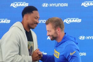 WOODLAND HILLS, CALIFORNIA - JUNE 2: Myles Garrett #95 of the Los Angeles Rams shakes hands with head coach Sean McVay during a press conference after an organized team activities workout at Rams Village at the Warner Center on June 2, 2026 in Woodland Hills, California.