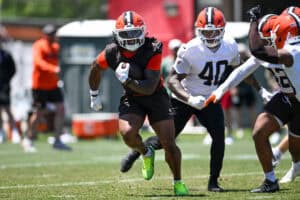 BEREA, OHIO - JUNE 03: Quinshon Judkins #10 of the Cleveland Browns runs a drill during the Cleveland Browns OTA Offseason Workouts at CrossCountry Mortgage Campus on June 03, 2026 in Berea, Ohio.
