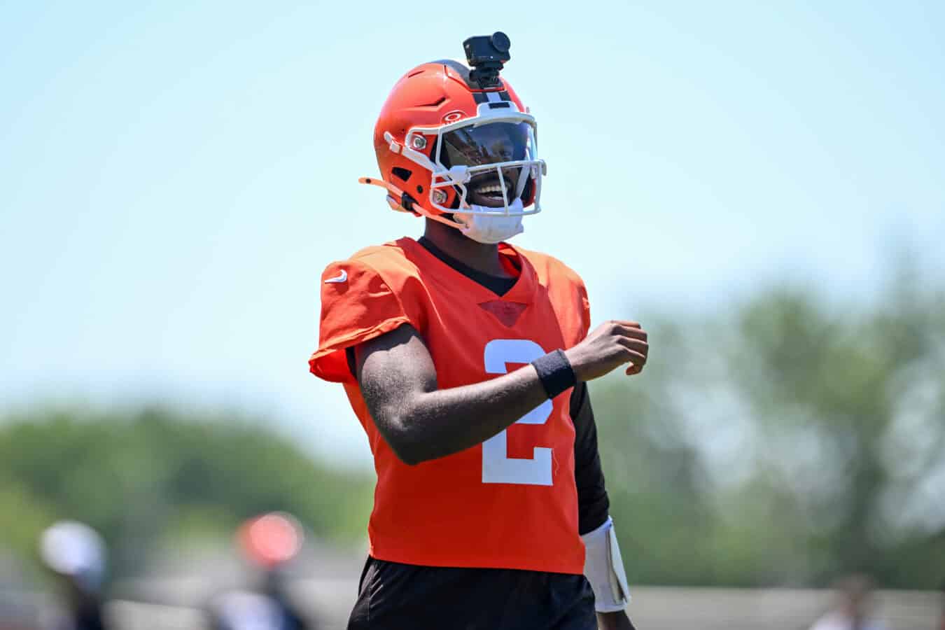 BEREA, OHIO - JUNE 03: Shedeur Sanders #2 of the Cleveland Browns celebrates during the Cleveland Browns OTA Offseason Workouts at CrossCountry Mortgage Campus on June 03, 2026 in Berea, Ohio.
