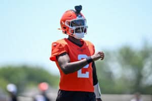BEREA, OHIO - JUNE 03: Shedeur Sanders #2 of the Cleveland Browns celebrates during the Cleveland Browns OTA Offseason Workouts at CrossCountry Mortgage Campus on June 03, 2026 in Berea, Ohio.
