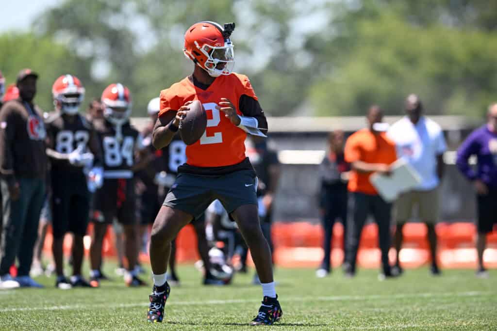 BEREA, OHIO - JUNE 03: Shedeur Sanders #2 of the Cleveland Browns looks to pass during the Cleveland Browns OTA Offseason Workouts at CrossCountry Mortgage Campus on June 03, 2026 in Berea, Ohio.