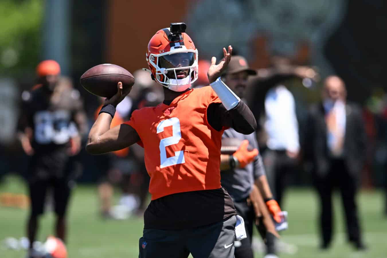 BEREA, OHIO - JUNE 03: Shedeur Sanders #2 of the Cleveland Browns throws a pass during the Cleveland Browns OTA Offseason Workouts at CrossCountry Mortgage Campus on June 03, 2026 in Berea, Ohio.
