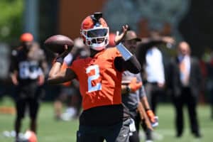 BEREA, OHIO - JUNE 03: Shedeur Sanders #2 of the Cleveland Browns throws a pass during the Cleveland Browns OTA Offseason Workouts at CrossCountry Mortgage Campus on June 03, 2026 in Berea, Ohio.