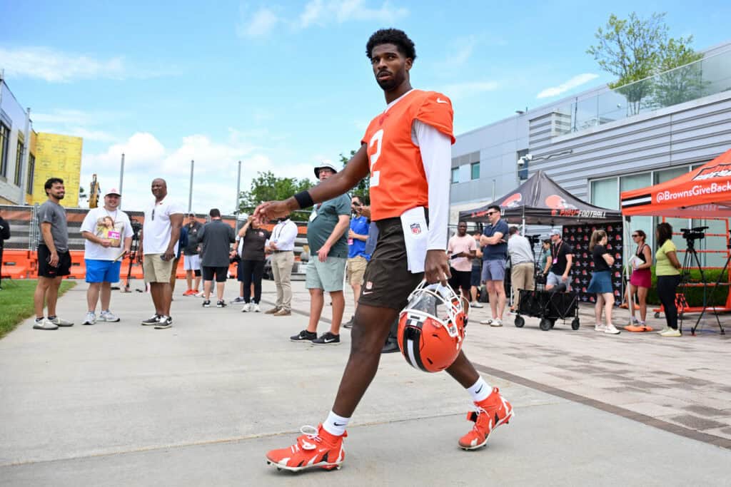 BEREA, OHIO - JUNE 11: Shedeur Sanders #2 of the Cleveland Browns walks to the field during the Cleveland Browns Mandatory Minicamp at CrossCountry Mortgage Campus on June 11, 2026 in Berea, Ohio.