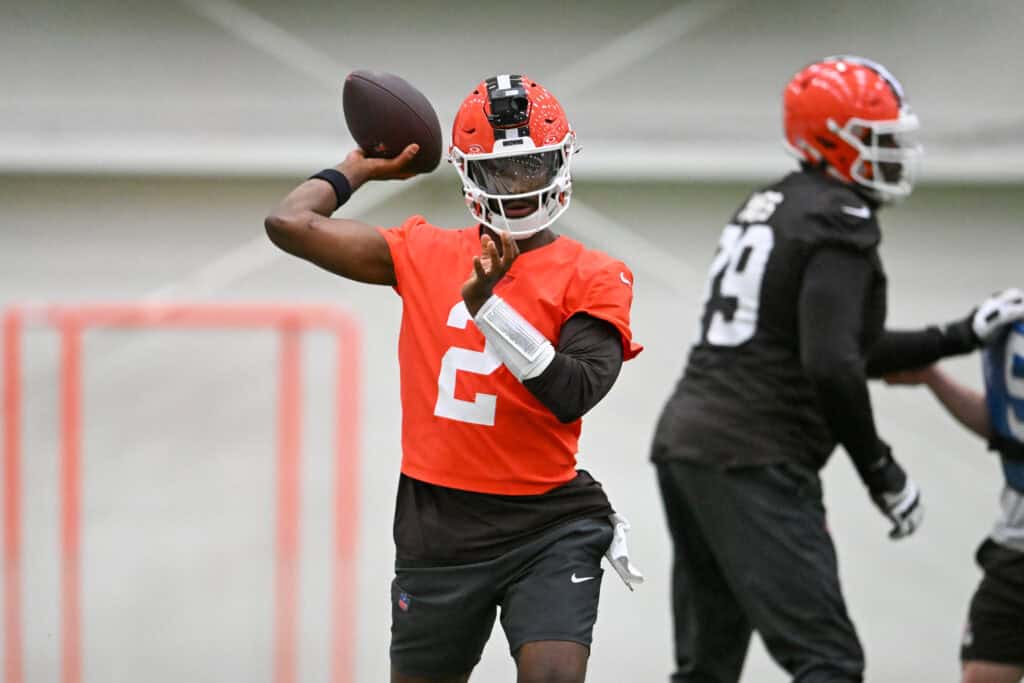 BEREA, OHIO - MAY 20: Shedeur Sanders #2 of the Cleveland Browns throws a pass during the Cleveland Browns OTA Offseason Workouts at CrossCountry Mortgage Campus on May 20, 2026 in Berea, Ohio.