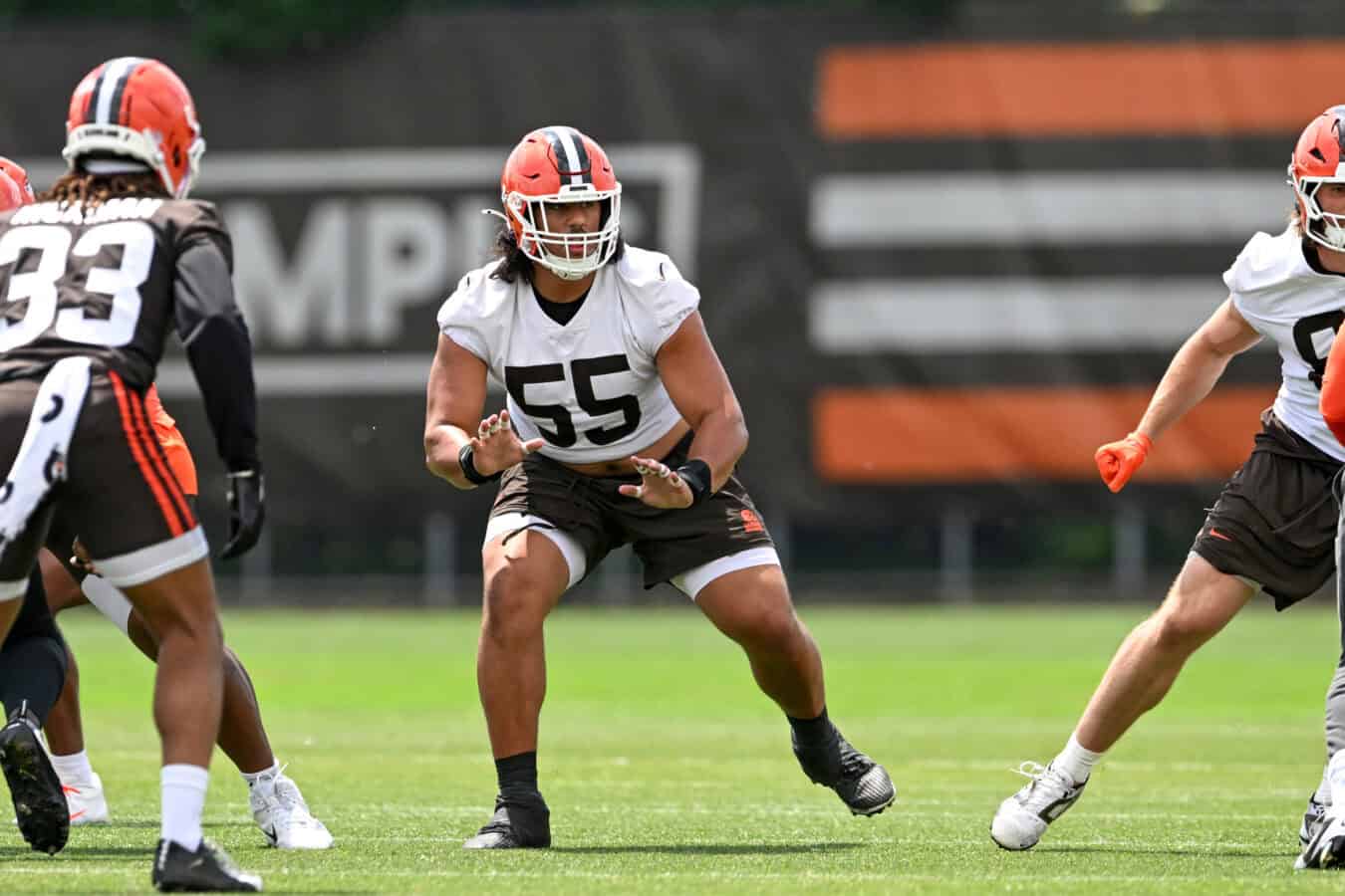 BEREA, OHIO - JUNE 11: Spencer Fano #55 of the Cleveland Browns runs a drill during the Cleveland Browns Mandatory Minicamp at CrossCountry Mortgage Campus on June 11, 2026 in Berea, Ohio.