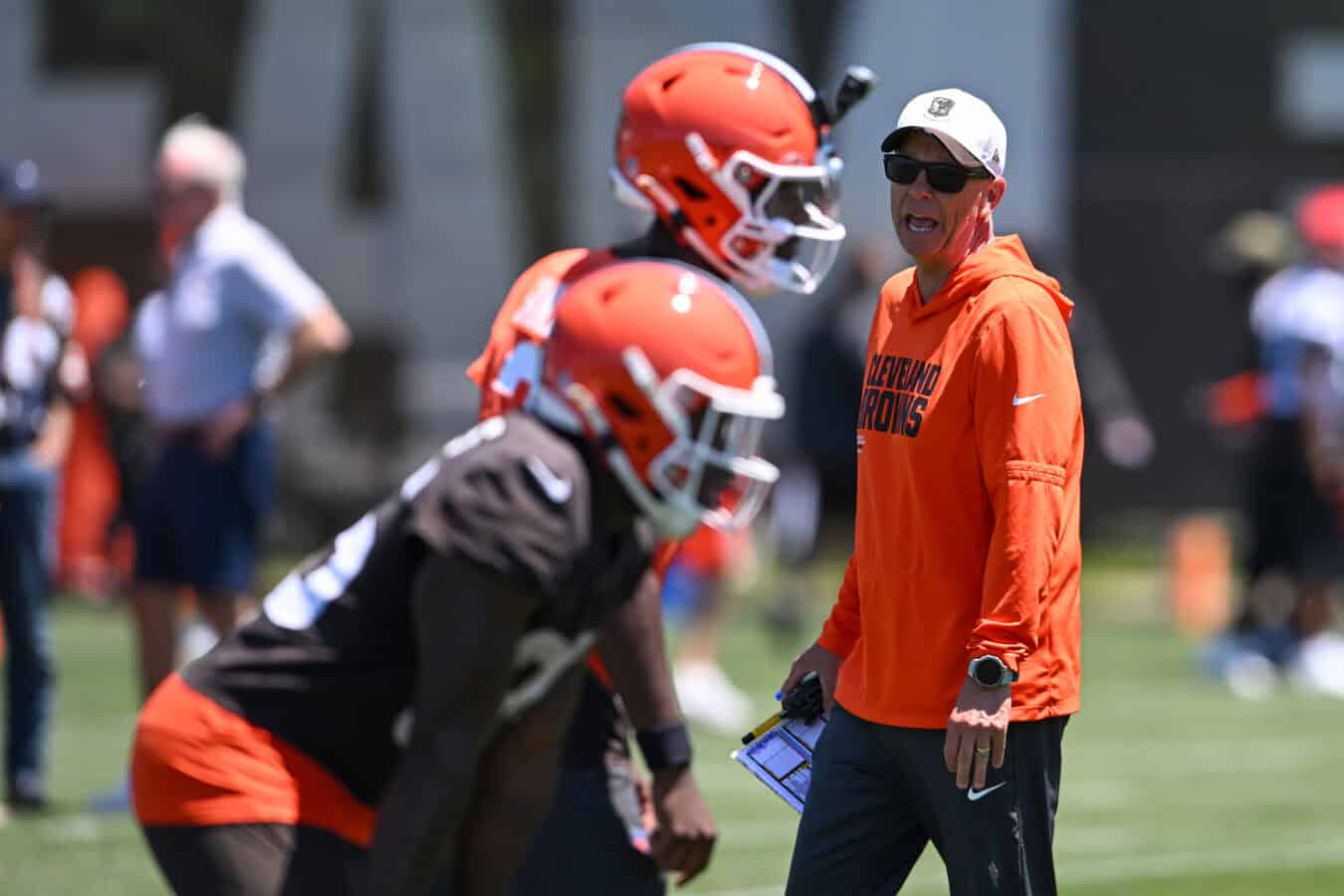BEREA, OHIO - JUNE 03: Head coach Todd Monken of the Cleveland Browns directs a drill during the Cleveland Browns OTA Offseason Workouts at CrossCountry Mortgage Campus on June 03, 2026 in Berea, Ohio.