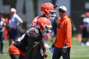 BEREA, OHIO - JUNE 03: Head coach Todd Monken of the Cleveland Browns directs a drill during the Cleveland Browns OTA Offseason Workouts at CrossCountry Mortgage Campus on June 03, 2026 in Berea, Ohio.