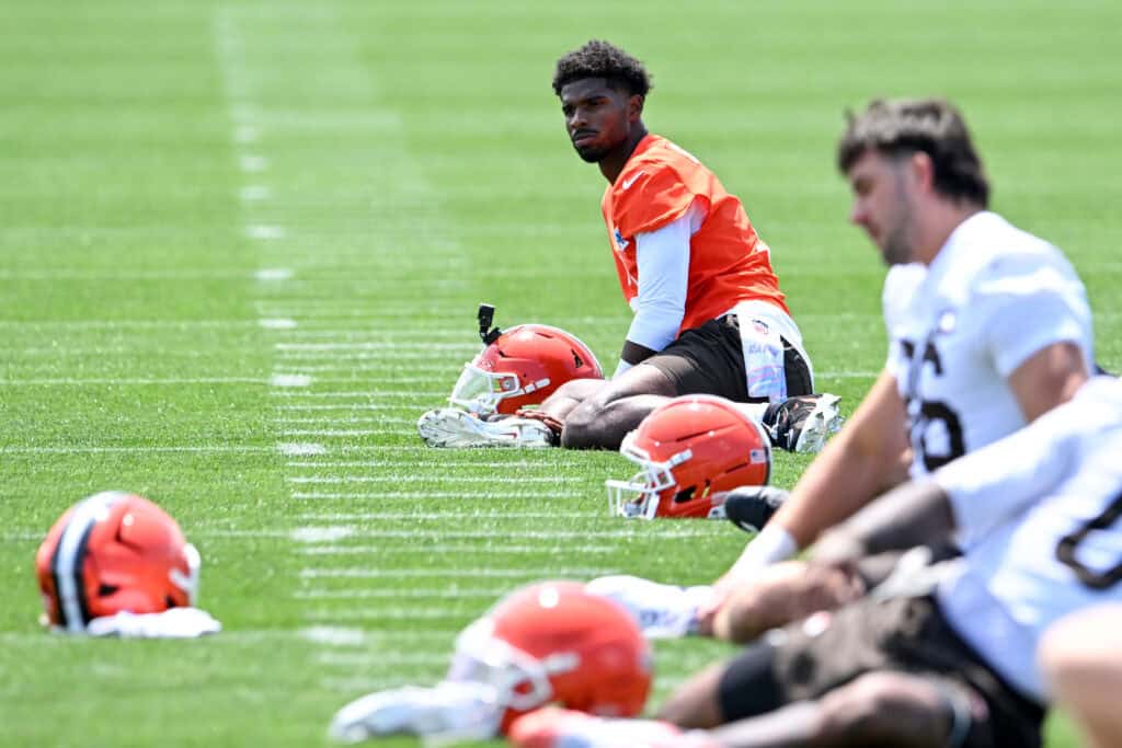 BEREA, OHIO - JULY 29: Shedeur Sanders #2 of the Cleveland Browns warms up during Cleveland Browns Training Camp at CrossCountry Mortgage Campus on July 29, 2026 in Berea, Ohio.