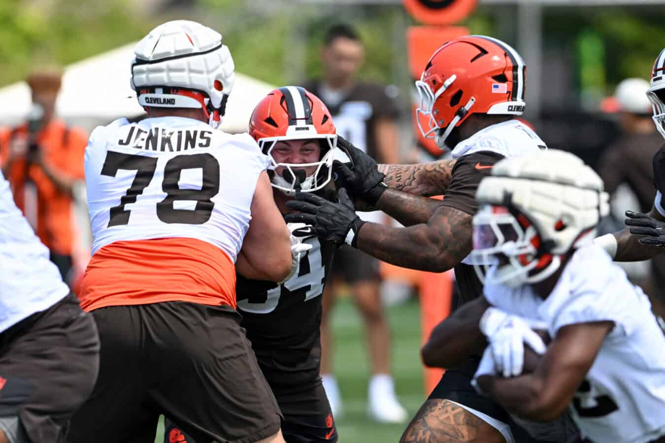 BEREA, OHIO - JULY 29: Mason Graham #94 of the Cleveland Browns rushes against Teven Jenkins #78 and Tytus Howard #71 during Cleveland Browns Training Camp at CrossCountry Mortgage Campus on July 29, 2026 in Berea, Ohio.