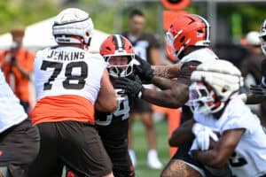 BEREA, OHIO - JULY 29: Mason Graham #94 of the Cleveland Browns rushes against Teven Jenkins #78 and Tytus Howard #71 during Cleveland Browns Training Camp at CrossCountry Mortgage Campus on July 29, 2026 in Berea, Ohio.