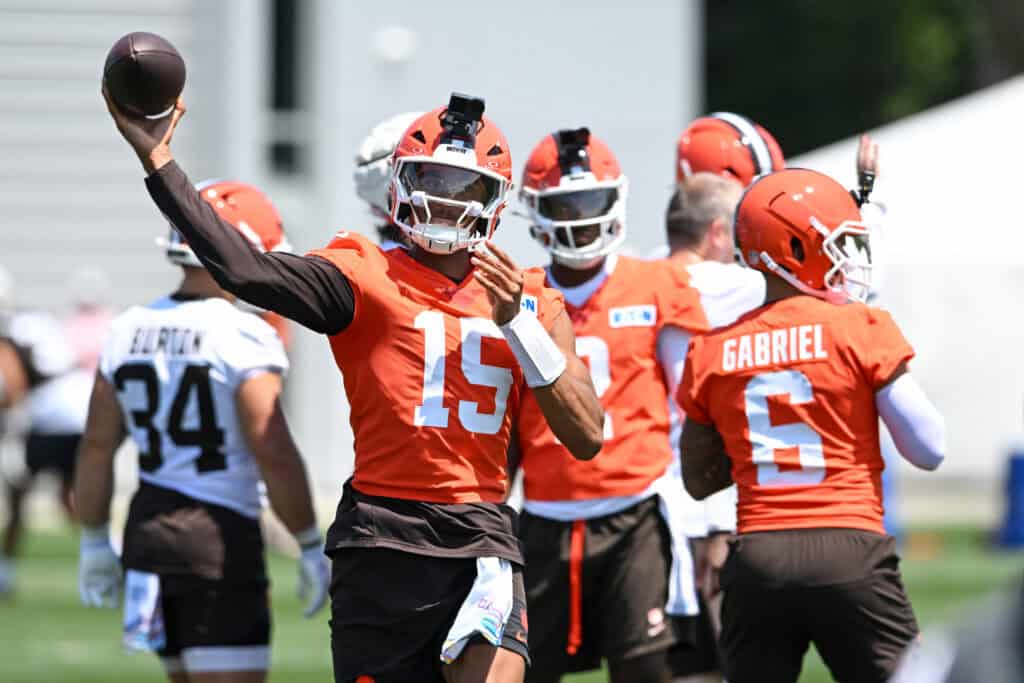 BEREA, OHIO - JULY 29: Taylen Green #15 of the Cleveland Browns throws a pass during Cleveland Browns Training Camp at CrossCountry Mortgage Campus on July 29, 2026 in Berea, Ohio.