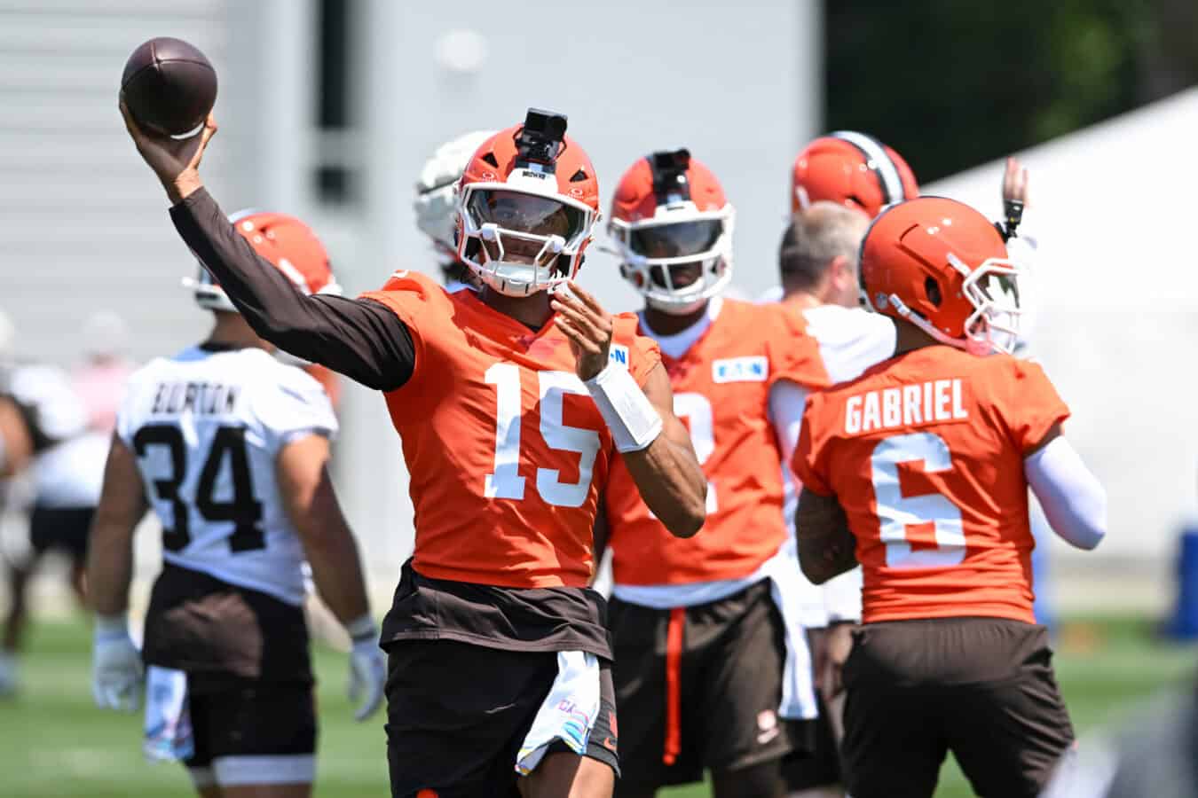 BEREA, OHIO - JULY 29: Taylen Green #15 of the Cleveland Browns throws a pass during Cleveland Browns Training Camp at CrossCountry Mortgage Campus on July 29, 2026 in Berea, Ohio.