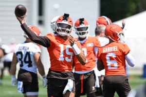 BEREA, OHIO - JULY 29: Taylen Green #15 of the Cleveland Browns throws a pass during Cleveland Browns Training Camp at CrossCountry Mortgage Campus on July 29, 2026 in Berea, Ohio.