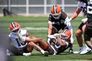 BEREA, OHIO - JULY 29: Michael Coats Jr. #39 of the Cleveland Browns intercepts a pass intended for Tylan Wallace #16 during Cleveland Browns Training Camp at CrossCountry Mortgage Campus on July 29, 2026 in Berea, Ohio.