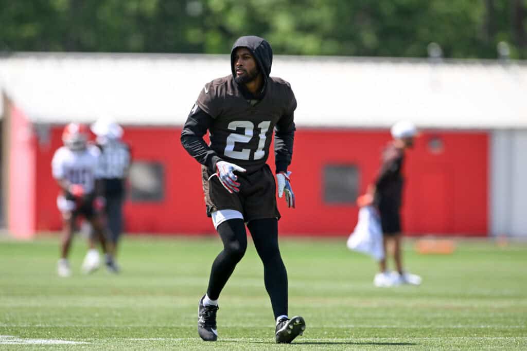BEREA, OHIO - JUNE 11: Denzel Ward #21 of the Cleveland Browns runs a drill during the Cleveland Browns Mandatory Minicamp at CrossCountry Mortgage Campus on June 11, 2026 in Berea, Ohio.