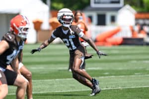 BEREA, OHIO - JULY 29: Denzel Ward #21 of the Cleveland Browns runs a drill during Cleveland Browns Training Camp at CrossCountry Mortgage Campus on July 29, 2026 in Berea, Ohio.