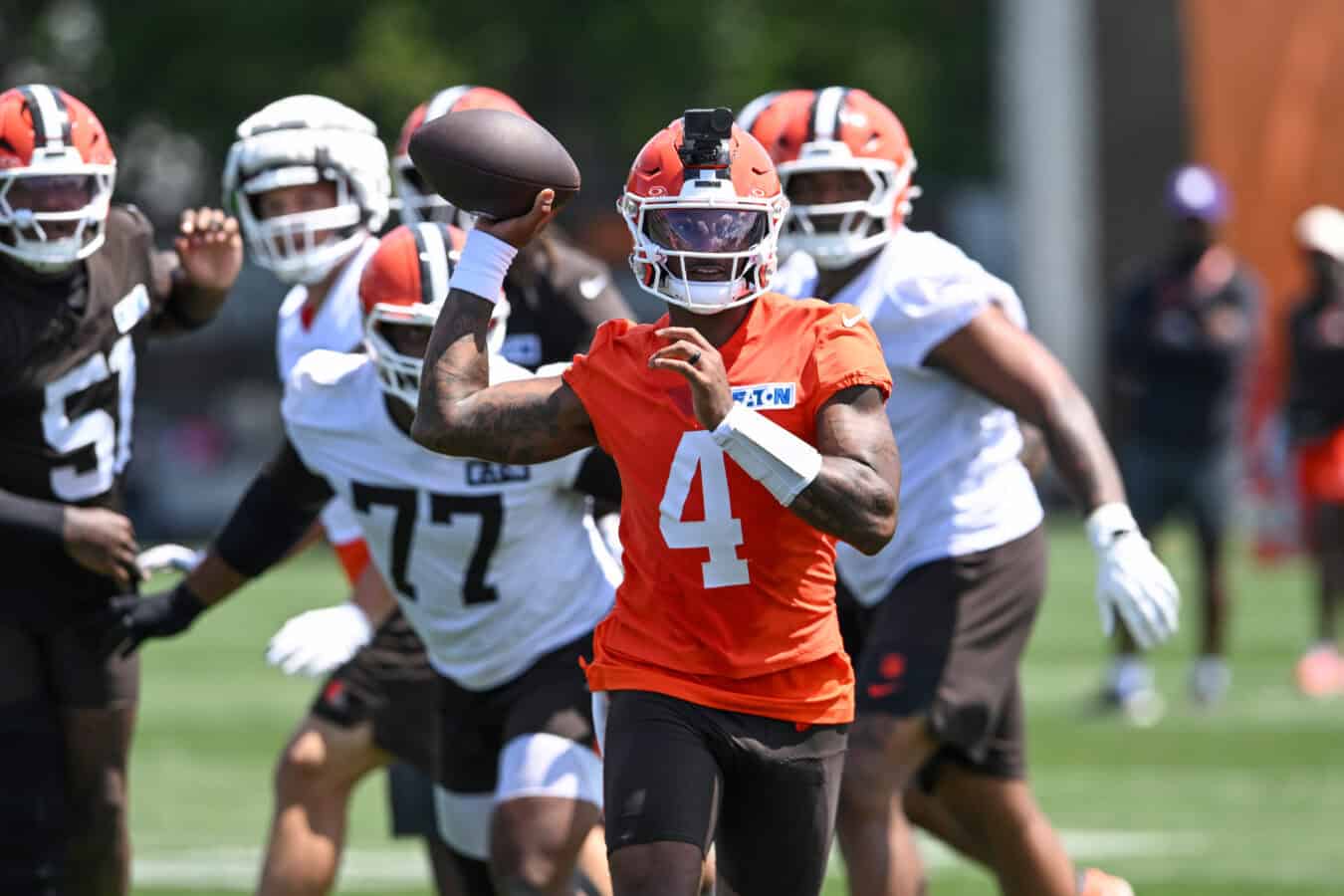 BEREA, OHIO - JULY 29: Deshaun Watson #4 of the Cleveland Browns throws a pass during Cleveland Browns Training Camp at CrossCountry Mortgage Campus on July 29, 2026 in Berea, Ohio.