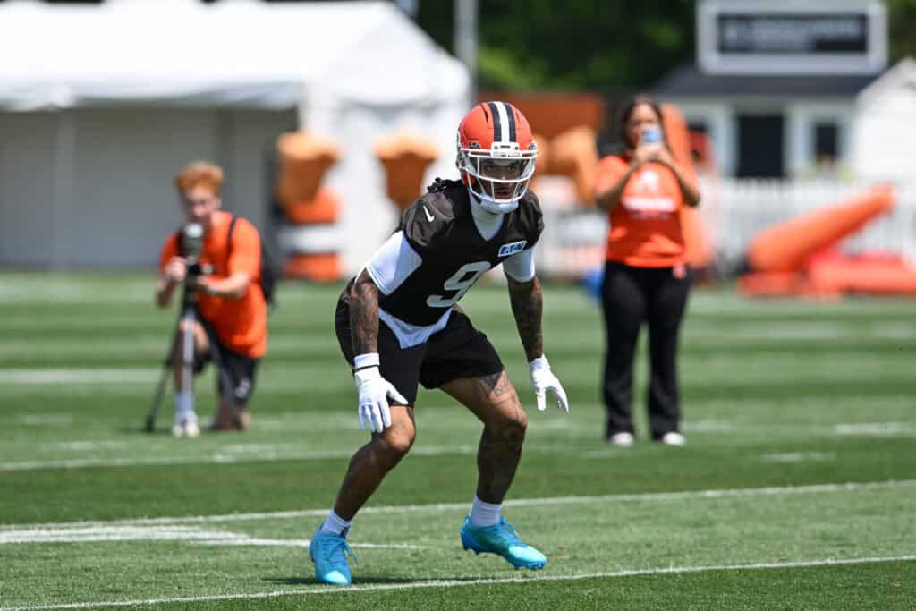 BEREA, OHIO - JULY 29: Grant Delpit #9 of the Cleveland Browns runs a drill during Cleveland Browns Training Camp at CrossCountry Mortgage Campus on July 29, 2026 in Berea, Ohio.