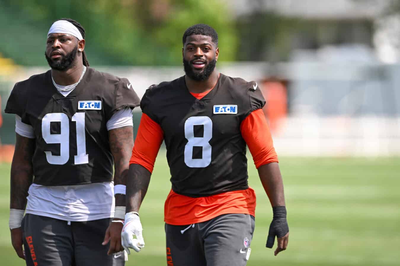BEREA, OHIO - JULY 29: Alex Wright #91 and Jared Verse #8 of the Cleveland Browns walk off the field after the Cleveland Browns Training Camp at CrossCountry Mortgage Campus on July 29, 2026 in Berea, Ohio.