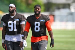 BEREA, OHIO - JULY 29: Alex Wright #91 and Jared Verse #8 of the Cleveland Browns walk off the field after the Cleveland Browns Training Camp at CrossCountry Mortgage Campus on July 29, 2026 in Berea, Ohio.