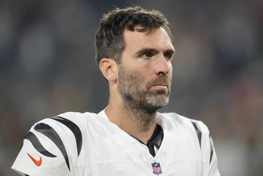 GREEN BAY, WISCONSIN - OCTOBER 12: Joe Flacco #16 of the Cincinnati Bengals walks off of the field after being defeated by the Green Bay Packers in the game at Lambeau Field on October 12, 2025 in Green Bay, Wisconsin.