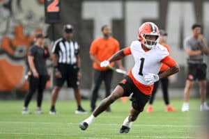 BEREA, OHIO - JUNE 11: KC Concepcion #1 of the Cleveland Browns runs a drill during the Cleveland Browns Mandatory Minicamp at CrossCountry Mortgage Campus on June 11, 2026 in Berea, Ohio.