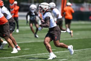 BEREA, OHIO - JULY 29: Quinshon Judkins #10 of the Cleveland Browns runs a drill during Cleveland Browns Training Camp at CrossCountry Mortgage Campus on July 29, 2026 in Berea, Ohio.