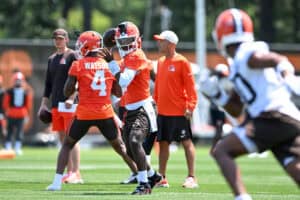 BEREA, OHIO - JULY 29: Shedeur Sanders #2 of the Cleveland Browns throws a pass during Cleveland Browns Training Camp at CrossCountry Mortgage Campus on July 29, 2026 in Berea, Ohio.
