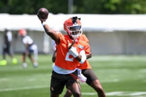 BEREA, OHIO - JULY 29: Shedeur Sanders #2 of the Cleveland Browns throws a pass during Cleveland Browns Training Camp at CrossCountry Mortgage Campus on July 29, 2026 in Berea, Ohio.