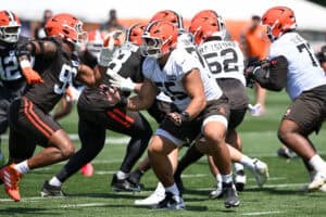 BEREA, OHIO - JULY 29: Spencer Fano #55 of the Cleveland Browns runs a drill during Cleveland Browns Training Camp at CrossCountry Mortgage Campus on July 29, 2026 in Berea, Ohio.