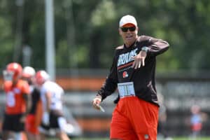 BEREA, OHIO - JULY 29: Head coach Todd Monken of the Cleveland Browns directs a drill during Cleveland Browns Training Camp at CrossCountry Mortgage Campus on July 29, 2026 in Berea, Ohio.