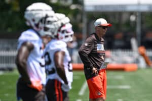 BEREA, OHIO - JULY 29: Head coach Todd Monken of the Cleveland Browns watches a drill during Cleveland Browns Training Camp at CrossCountry Mortgage Campus on July 29, 2026 in Berea, Ohio.