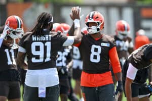 BEREA, OHIO - JULY 29: Alex Wright #91 and Jared Verse #8 of the Cleveland Browns high-five during Cleveland Browns Training Camp at CrossCountry Mortgage Campus on July 29, 2026 in Berea, Ohio.