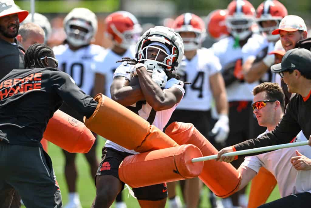 BEREA, OHIO - JULY 29: Kole Wilson #87 of the Cleveland Browns runs a drill during Cleveland Browns Training Camp at CrossCountry Mortgage Campus on July 29, 2026 in Berea, Ohio.