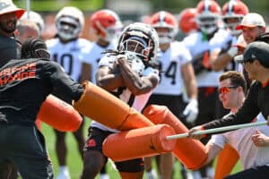 BEREA, OHIO - JULY 29: Kole Wilson #87 of the Cleveland Browns runs a drill during Cleveland Browns Training Camp at CrossCountry Mortgage Campus on July 29, 2026 in Berea, Ohio.