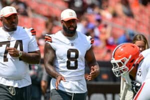 CLEVELAND, OHIO - AUGUST 22: Jared Verse #8 of the Cleveland Browns looks on prior to a preseason game against the Buffalo Bills at Huntington Bank Field on August 22, 2026 in Cleveland, Ohio.