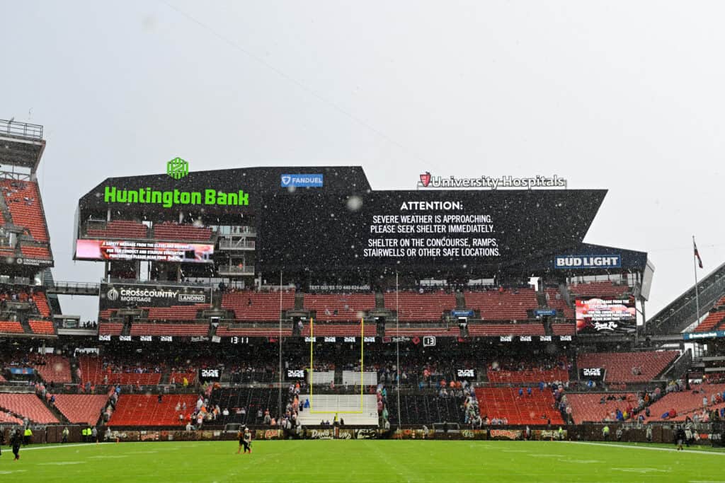 CLEVELAND, OHIO - AUGUST 22: A view of the scoreboard announcing a weather delay during the first quarter of a preseason game between the Buffalo Bills and the Cleveland Browns at Huntington Bank Field on August 22, 2026 in Cleveland, Ohio.