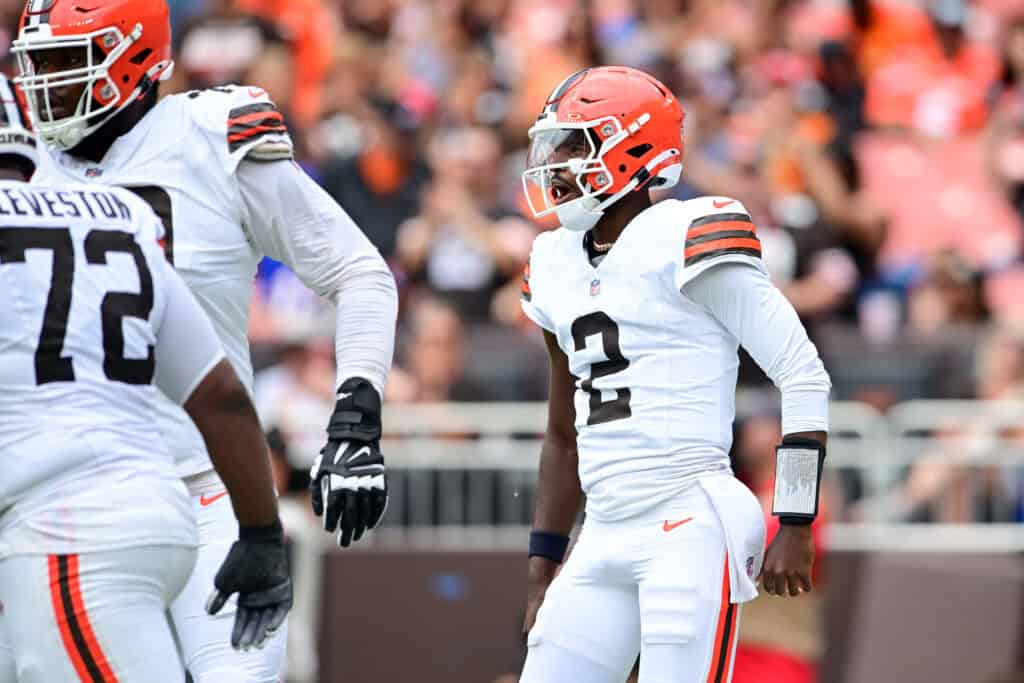 CLEVELAND, OHIO - AUGUST 22: Shedeur Sanders #2 of the Cleveland Browns celebrates after throwing an eight-yard touchdown pass during the first quarter of the preseason game against the Buffalo Bills at Huntington Bank Field on August 22, 2026 in Cleveland, Ohio.
