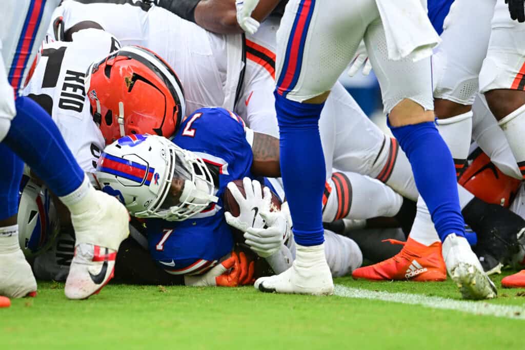 CLEVELAND, OHIO - AUGUST 22: Ray Davis #7 of the Buffalo Bills scores a one-yard touchdown during the first quarter of the preseason game against the Cleveland Browns at Huntington Bank Field on August 22, 2026 in Cleveland, Ohio.