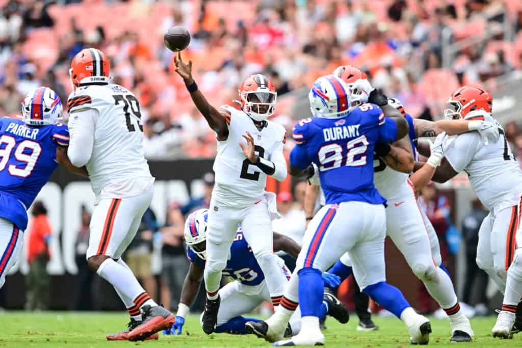 CLEVELAND, OHIO - AUGUST 22: Shedeur Sanders #2 of the Cleveland Browns throws a pass during the first quarter of the preseason game against the Buffalo Bills at Huntington Bank Field on August 22, 2026 in Cleveland, Ohio.