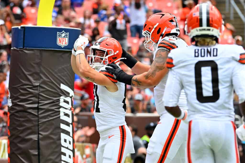 CLEVELAND, OHIO - AUGUST 22: Wide receiver Luke Floriea #81 of the Cleveland Browns celebrates after a touchdown during the first quarter of the preseason game against the Buffalo Bills at Huntington Bank Field on August 22, 2026, in Cleveland, Ohio.