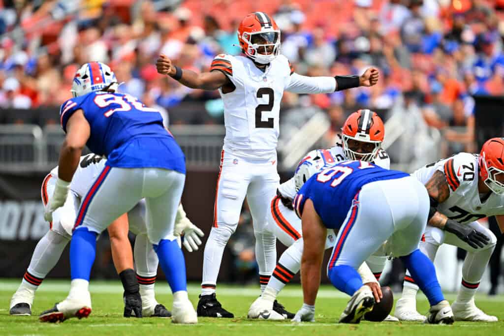 CLEVELAND, OHIO - AUGUST 22: Quarterback Shedeur Sanders #2 of the Cleveland Browns calls a play during the second quarter of a preseason game against the Buffalo Bills at Huntington Bank Field on August 22, 2026 in Cleveland, Ohio.