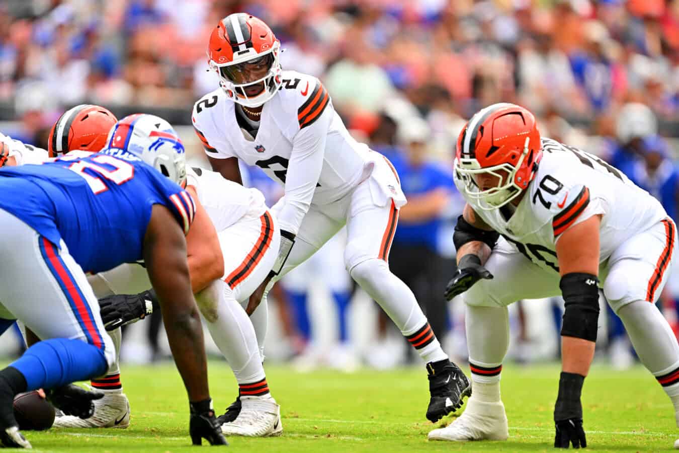 CLEVELAND, OHIO - AUGUST 22: Quarterback Shedeur Sanders #2 of the Cleveland Browns prepares to take a snap during the first quarter of a preseason game against the Buffalo Bills at Huntington Bank Field on August 22, 2026, in Cleveland, Ohio.