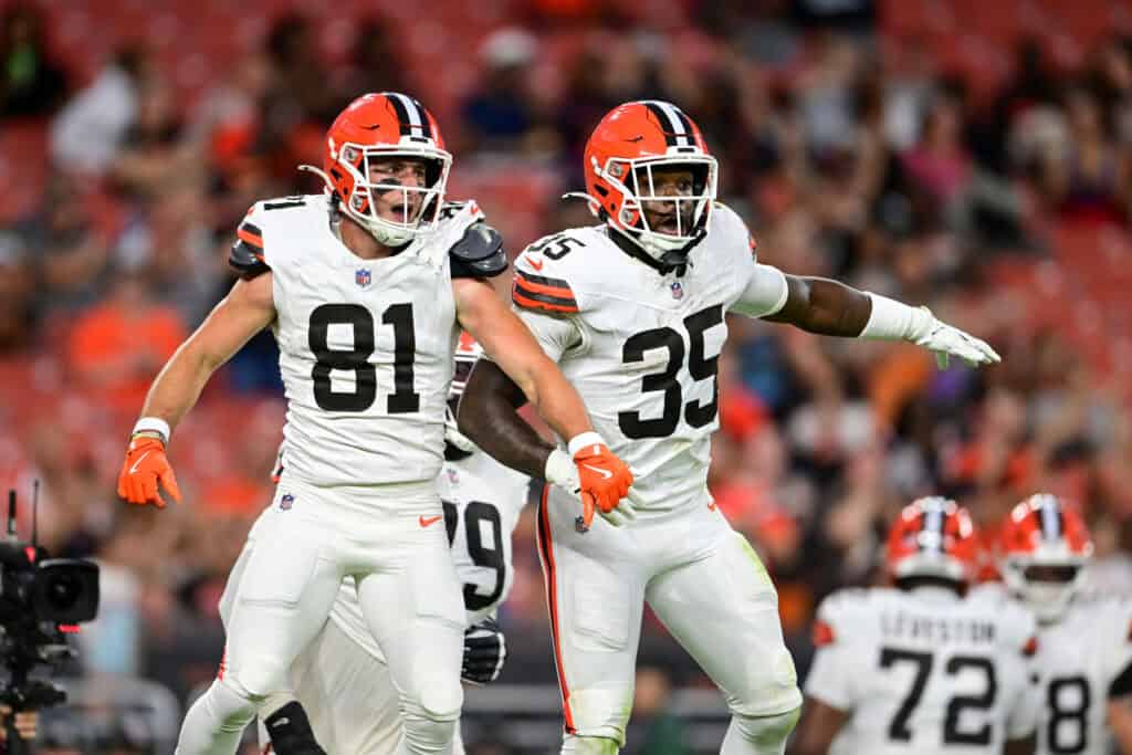 CLEVELAND, OHIO - AUGUST 27: Luke Floriea #81 and Raheim Sanders #35 of the Cleveland Browns celebrate a six-yard touchdown catch by Floriea during the first quarter of a preseason game against the New England Patriots at Huntington Bank Field on August 27, 2026 in Cleveland, Ohio.