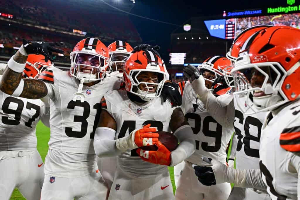 CLEVELAND, OHIO - AUGUST 27: Easton Mascarenas-Arnold #42 of the Cleveland Browns celebrates with teammates after intercepting a pass during the first quarter of a preseason game against the New England Patriots at Huntington Bank Field on August 27, 2026 in Cleveland, Ohio.