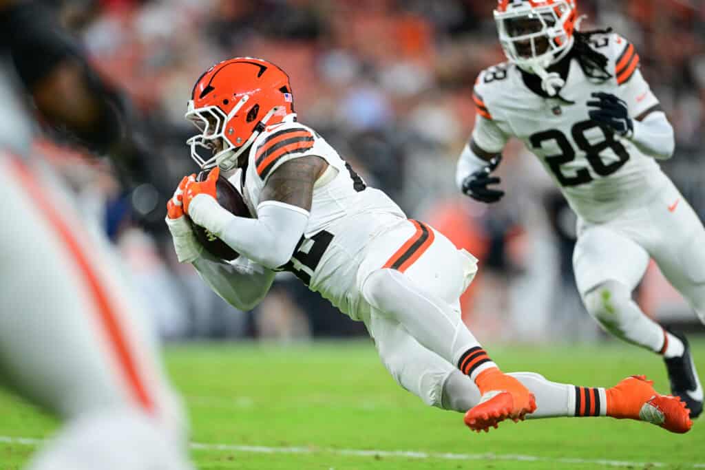 CLEVELAND, OHIO - AUGUST 27: Easton Mascarenas-Arnold #42 of the Cleveland Browns intercepts a pass during the first quarter of a preseason game against the New England Patriots at Huntington Bank Field on August 27, 2026 in Cleveland, Ohio.