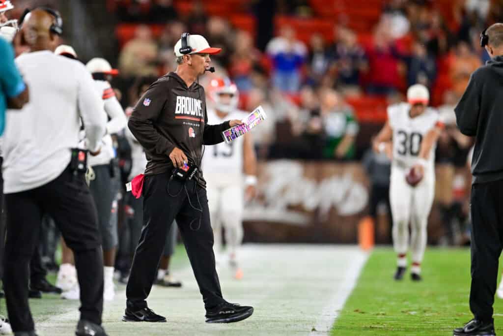 CLEVELAND, OHIO - AUGUST 27: Head coach Todd Monken of the Cleveland Browns calls a play during the second quarter of a preseason game against the New England Patriots at Huntington Bank Field on August 27, 2026 in Cleveland, Ohio.