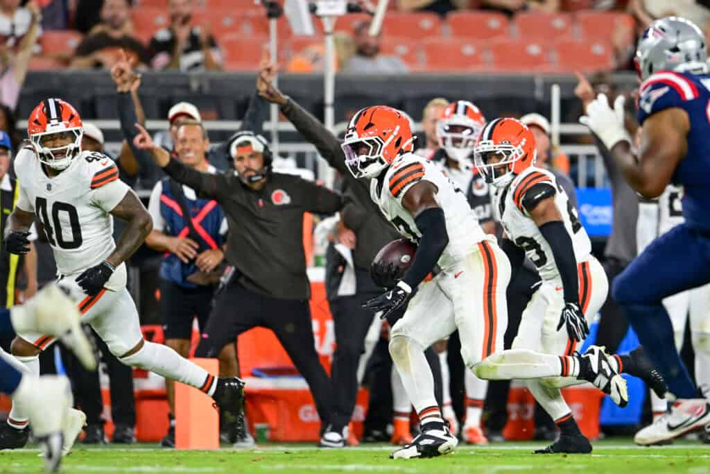 CLEVELAND, OHIO - AUGUST 27: Justin Jefferson #17 of the Cleveland Browns returns an interception during the fourth quarter of a preseason game against the New England Patriots at Huntington Bank Field on August 27, 2026 in Cleveland, Ohio.